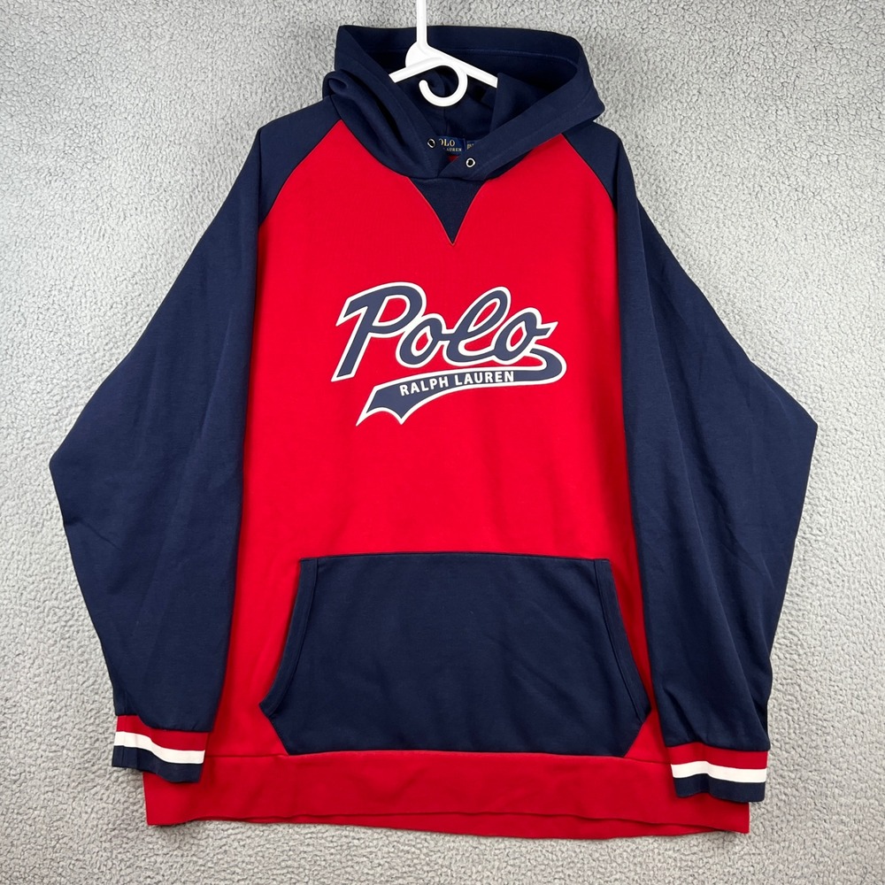 Polo Ralph Lauren Hoodie Mens 3XLT Red Navy Blue Script Logo Colorblock